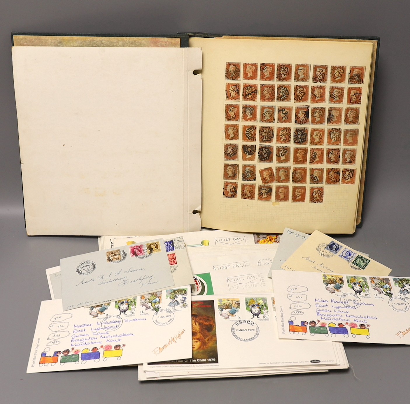 An album of Great Britain stamps with page 1841 ID red browns with Maltese cross cancels F.D. covers from 1953 coronation